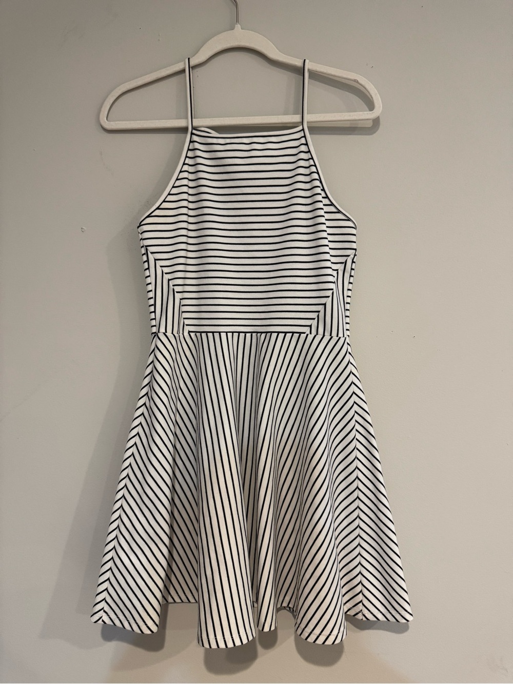 Divided White and Black Striped Sleeveless Fit-and-Flare Dress